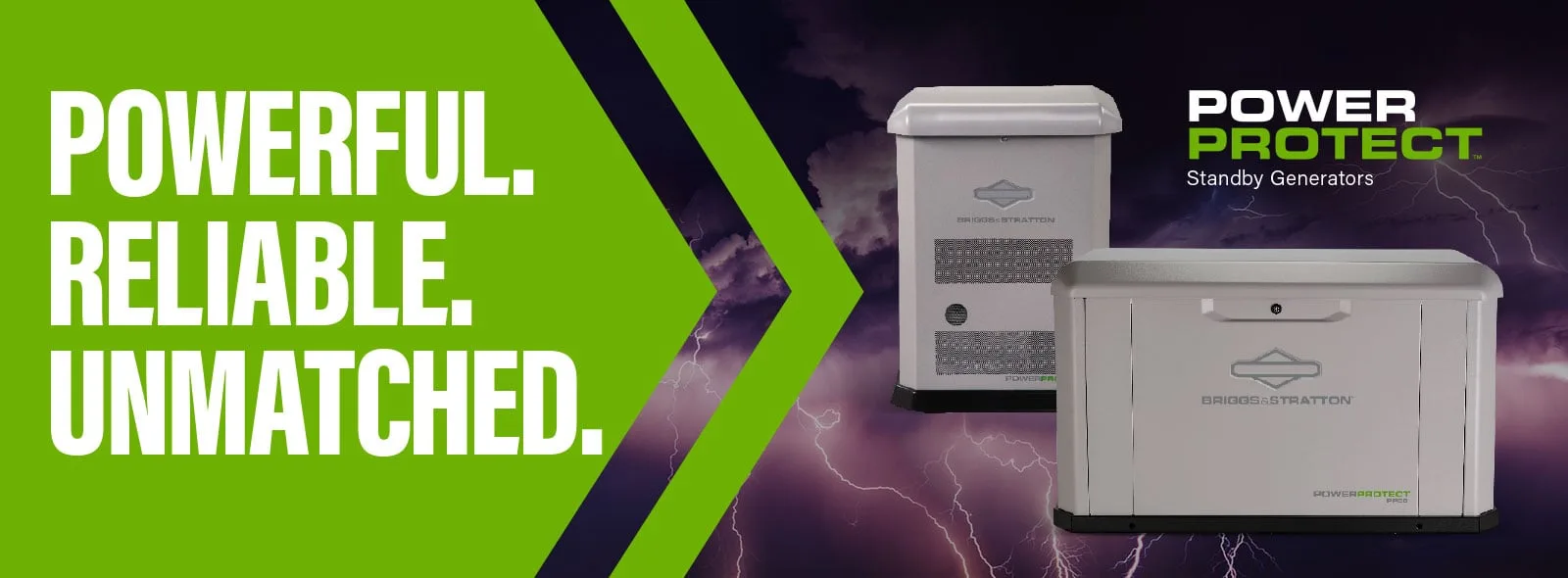 Briggs & Stratton PowerProtect standby generators against a storm sky