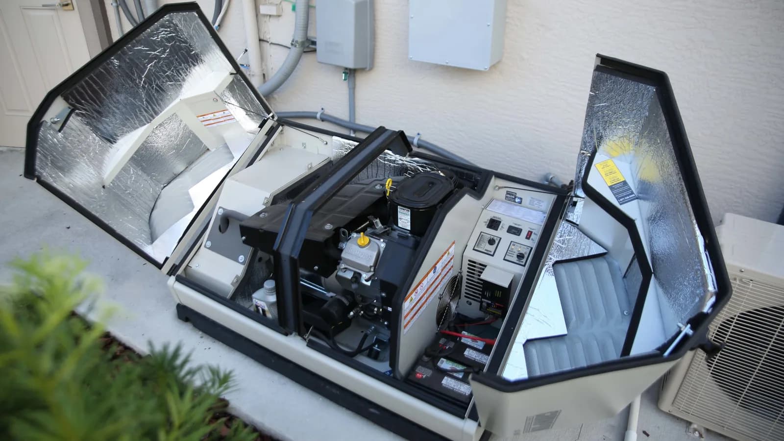 Champion home standby generator installed on a pad beside a house