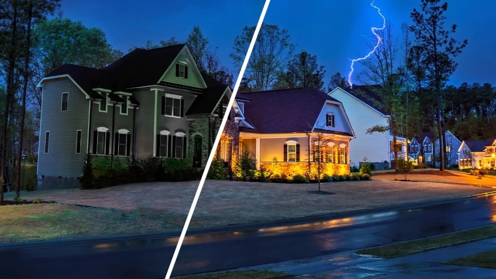 House with lights on during a neighborhood outage, backed by a Cummins home standby generator