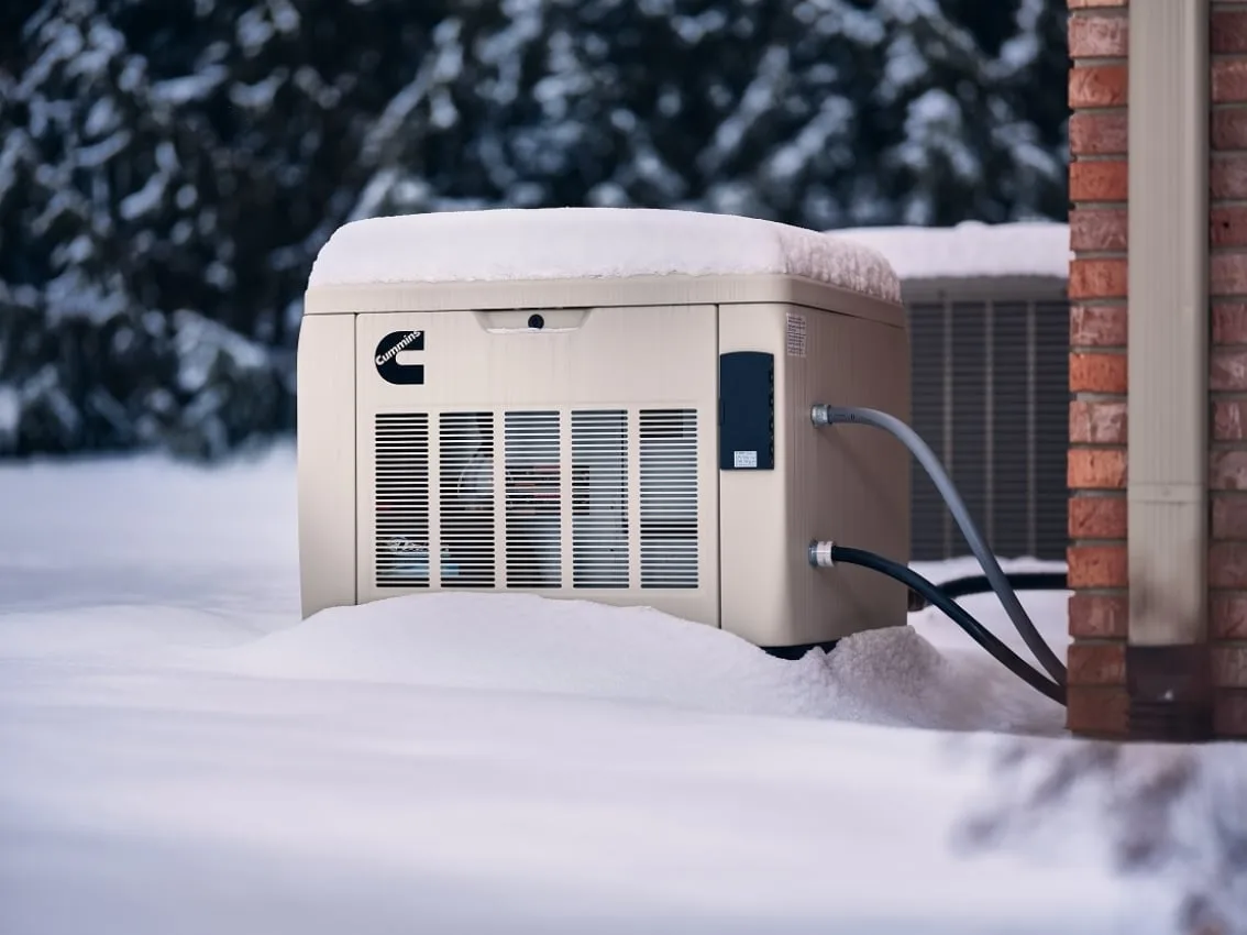 Cummins QuietConnect standby generator running outdoors in snow
