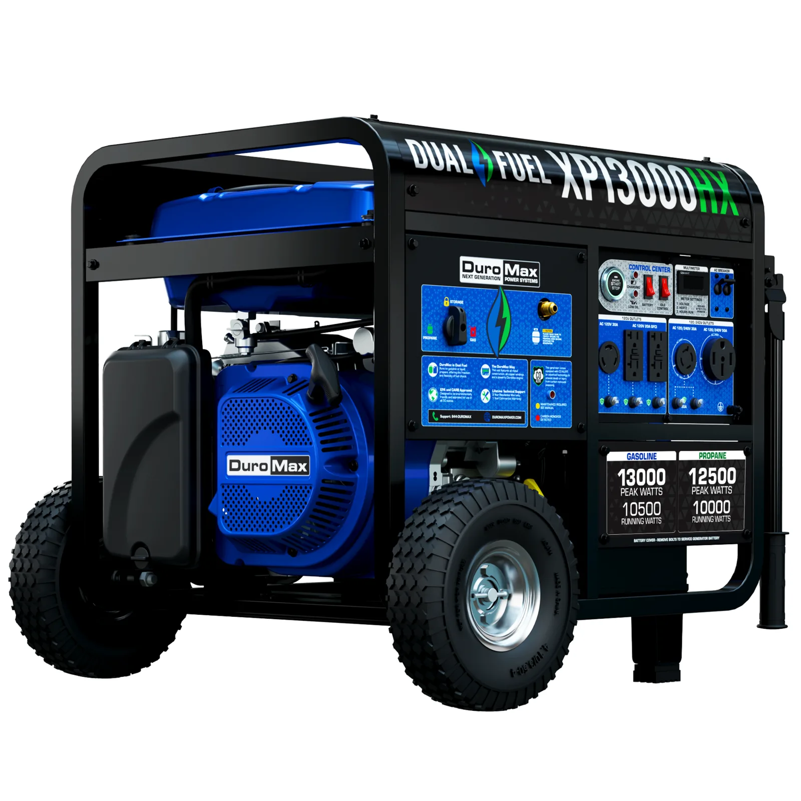 DuroMax XP13000HX dual-fuel portable generator with CO Alert, studio product view