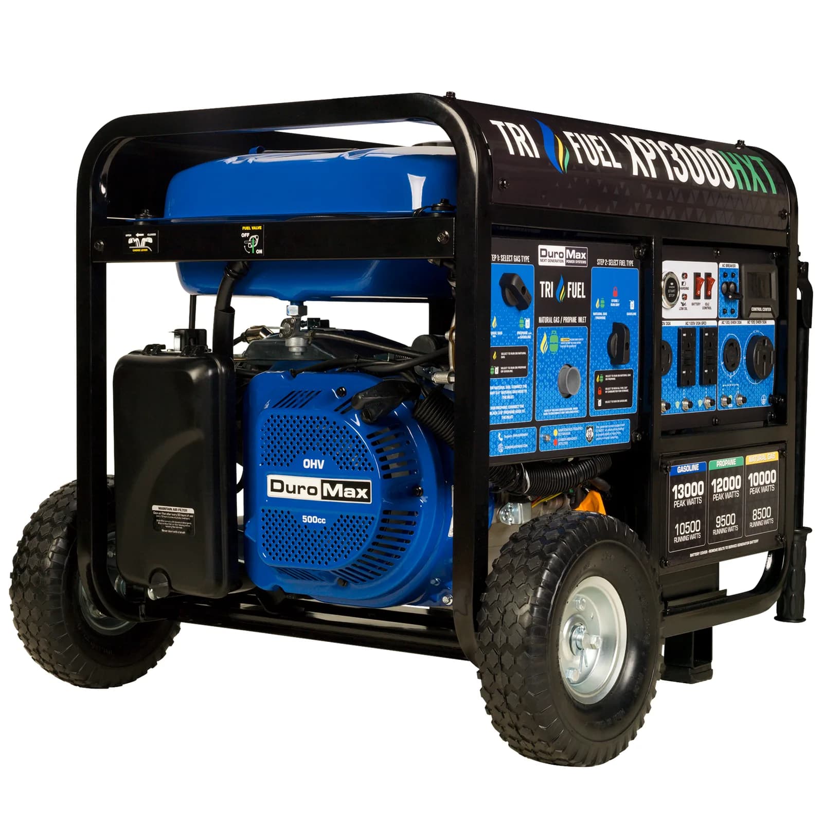 DuroMax XP13000HXT tri-fuel portable generator with CO Alert, studio product view