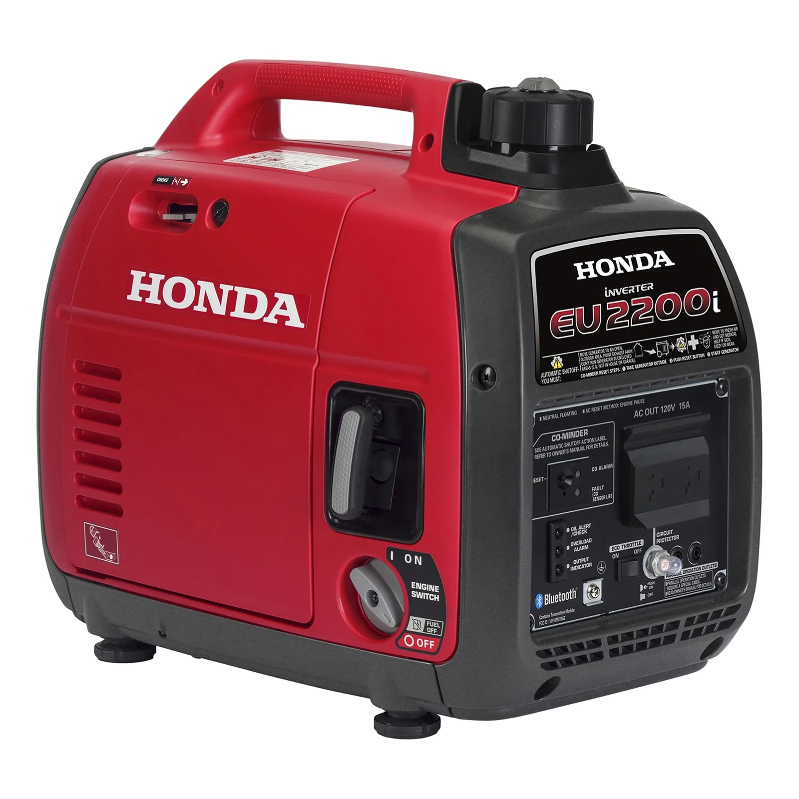 Honda EU2200i super quiet inverter generator, red and black portable unit