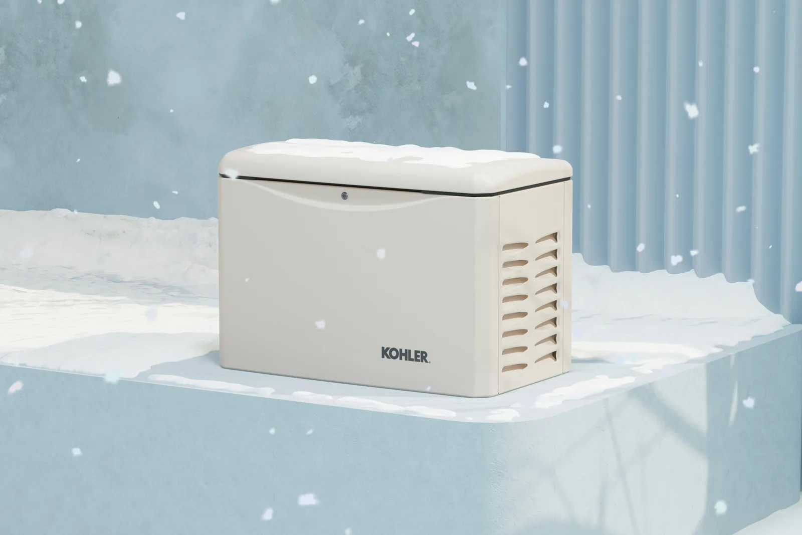 White Kohler home standby generator running in falling snow