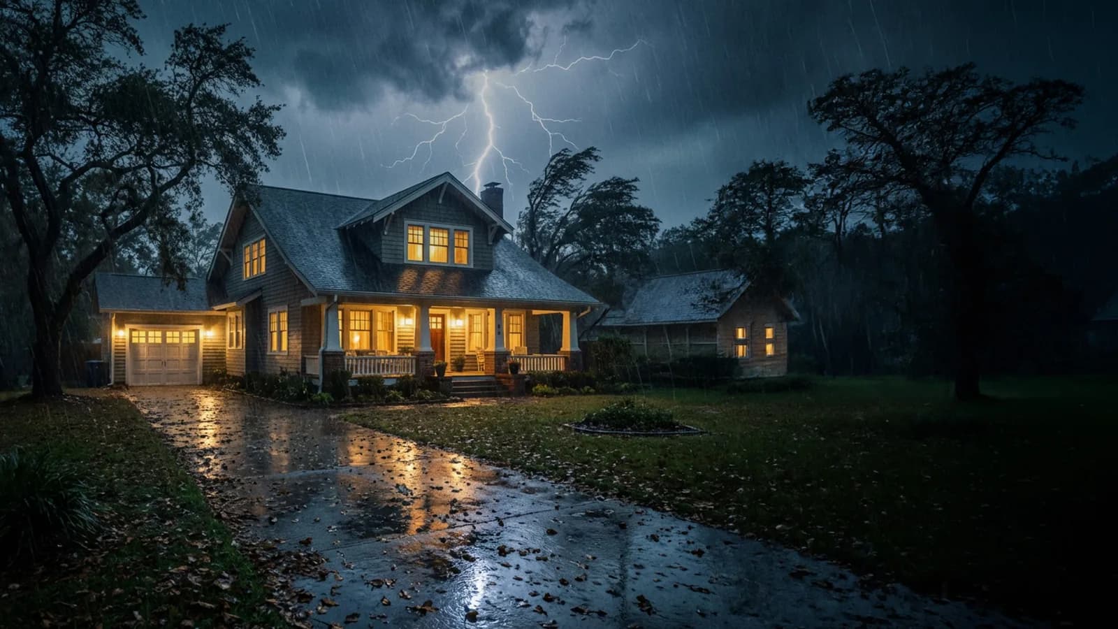House with every window lit during a night lightning storm