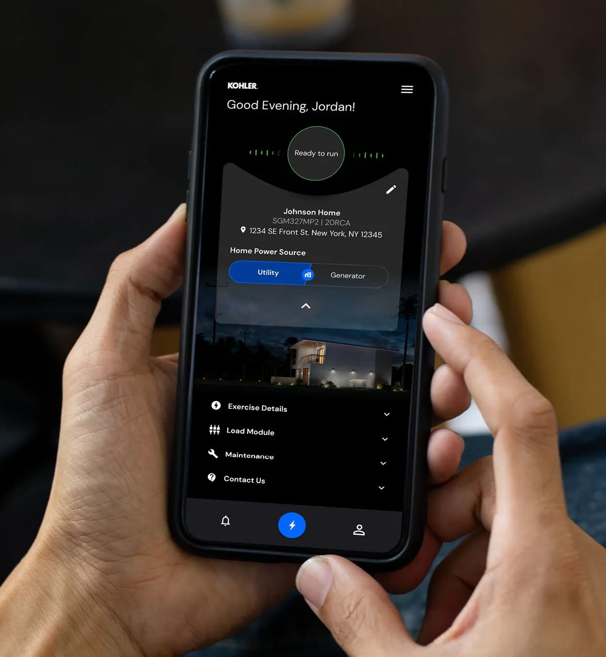 Homeowner checking generator status in the Kohler Energy Management app