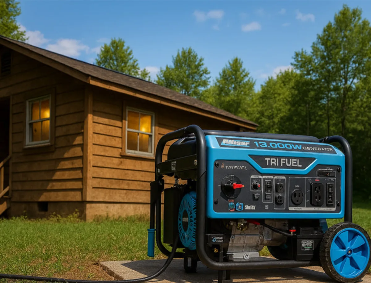 Pulsar tri-fuel generator beside a cabin