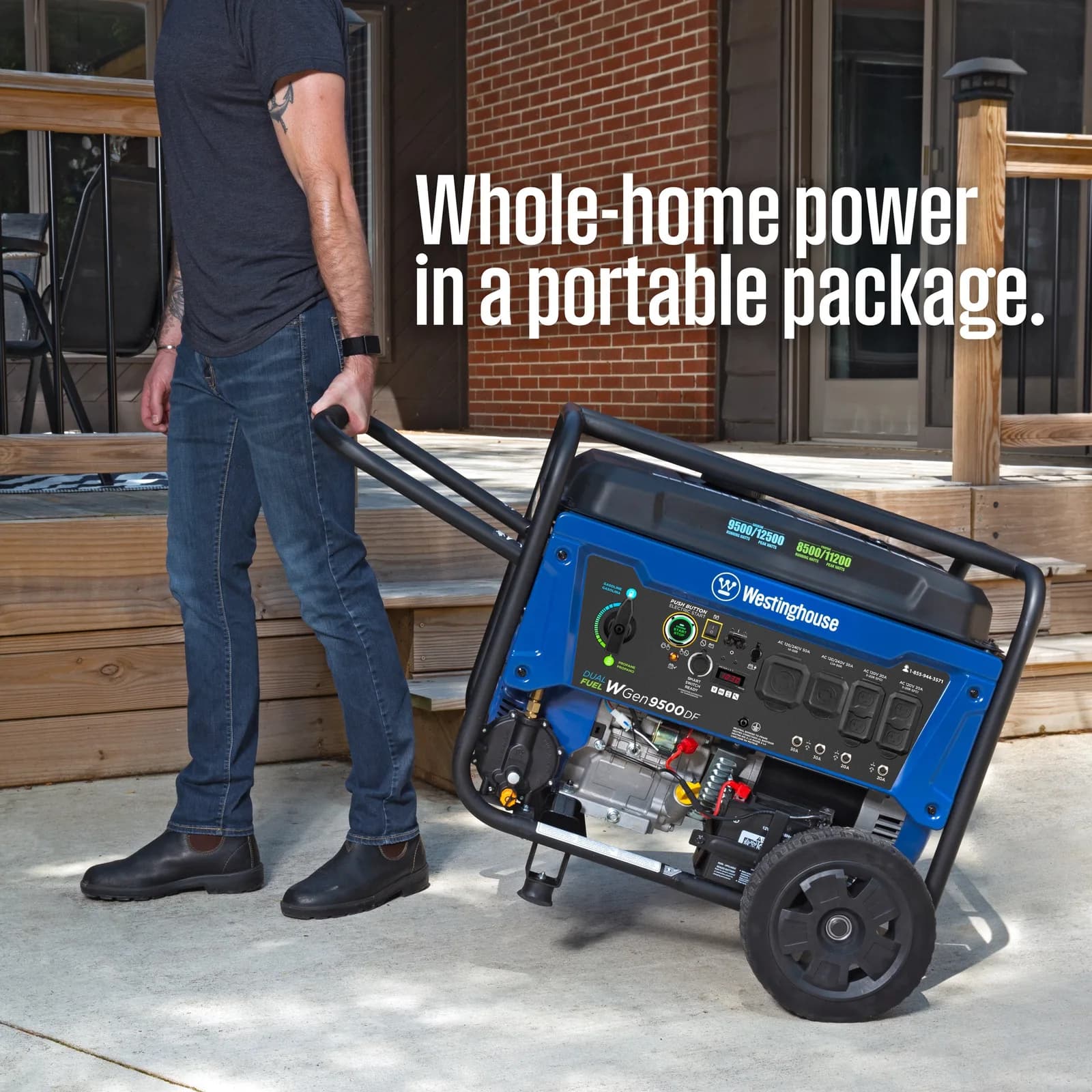 Westinghouse WGen9500DF generator staged outside a home as backup power